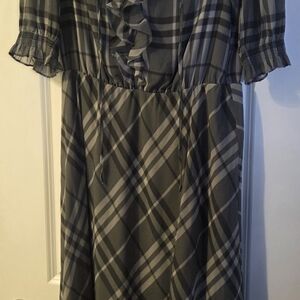Ralph Lauren Gray Plaid Ruffle-Front Midi Dress